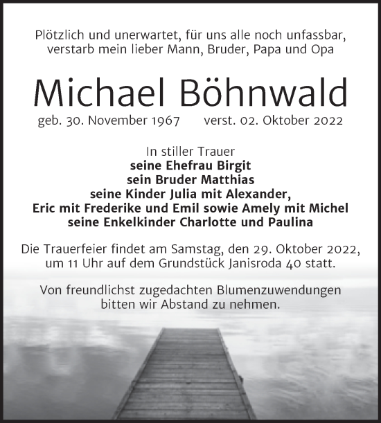Traueranzeige von Michael Böhnwald von Wochenspiegel Naumburg/Nebra