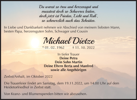 Traueranzeige von Michael Dietze von Mitteldeutsche Zeitung Dessau-Roßlau