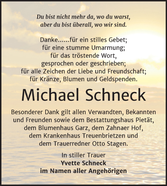Traueranzeige von Michael Schneck von Trauerkombi Wittenberg