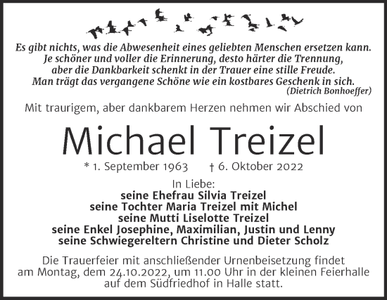 Traueranzeige von Michael Treizel von Mitteldeutsche Zeitung Halle/Saalkreis