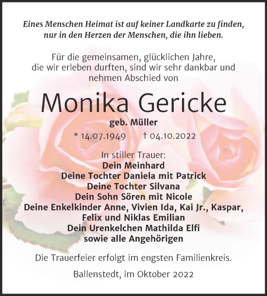 Traueranzeige von Monika Gericke von Super Sonntag Quedlingburg