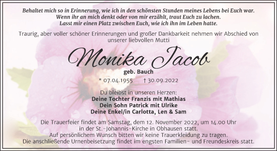 Traueranzeige von Monika Jacob von Trauerkombi Merseburg