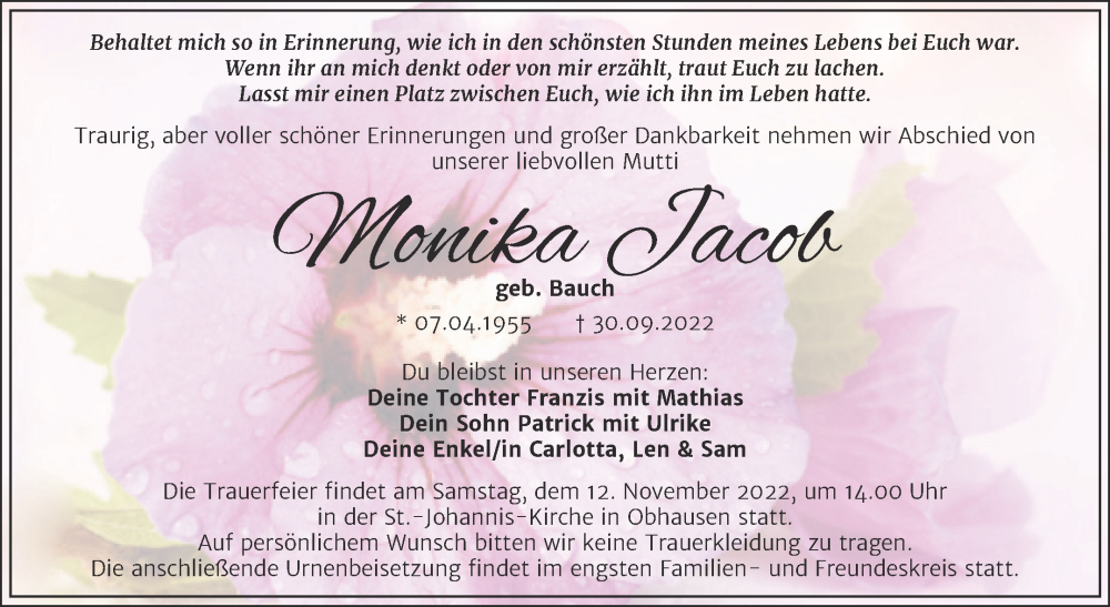  Traueranzeige für Monika Jacob vom 29.10.2022 aus Trauerkombi Merseburg