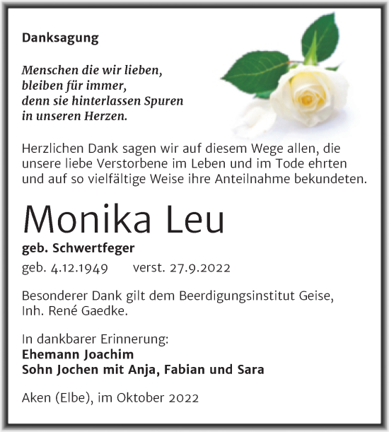 Traueranzeige von Monika Leu von Trauerkombi Köthen