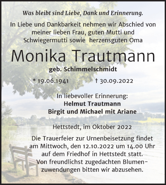 Traueranzeige von Monika Trautmann von Trauerkombi Mansfelder Land