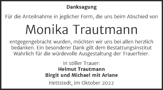 Traueranzeige von Monika Trautmann von Trauerkombi Mansfelder Land