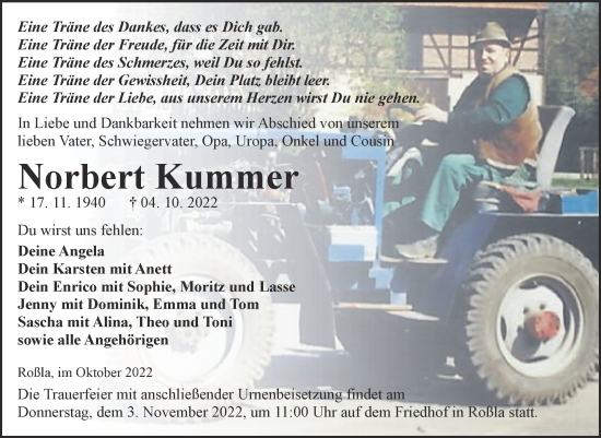 Traueranzeige von Norbert Kummer von Trauerkombi Sangerhausen