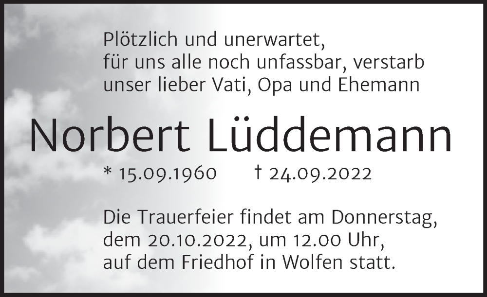  Traueranzeige für Norbert Lüddemann vom 01.10.2022 aus Trauerkombi Bitterfeld