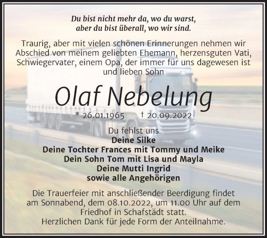 Traueranzeige von Olaf Nebelung von Trauerkombi Merseburg
