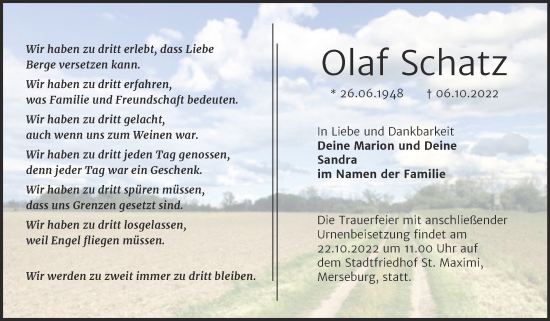 Traueranzeige von Olaf Schatz von Trauerkombi Merseburg