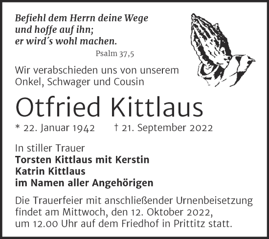 Traueranzeige von Otfried Kittlaus von Trauerkombi Weißenfels