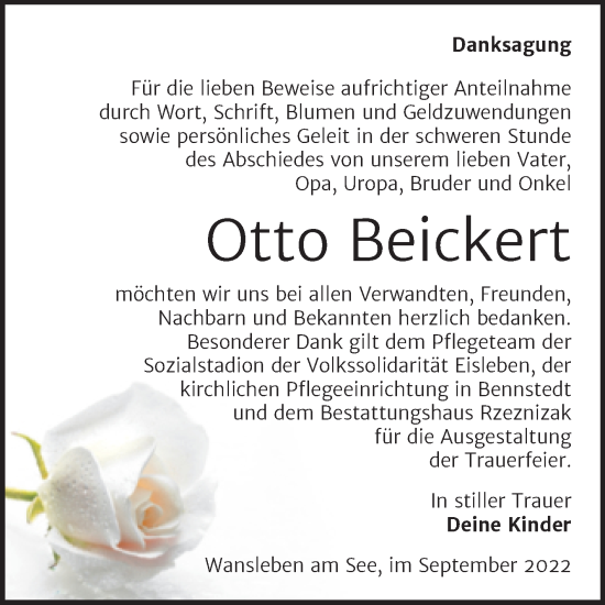 Traueranzeige von Otto Beickert von Trauerkombi Mansfelder Land