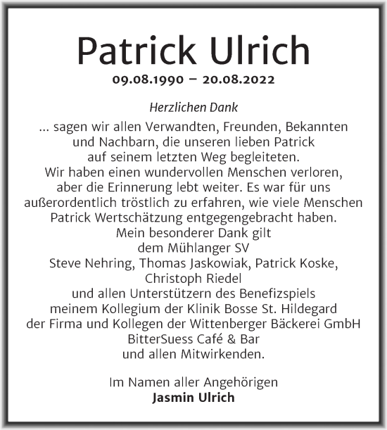Traueranzeige von Patrick Ulrich von Trauerkombi Wittenberg