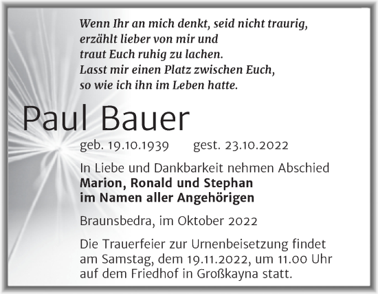 Traueranzeige von Paul Bauer von Trauerkombi Merseburg