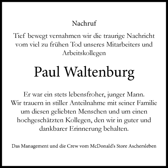 Traueranzeige von Paul Waltenburg von Super Sonntag Aschersleben