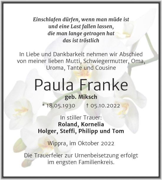 Traueranzeige von Paula Franke von Trauerkombi Mansfelder Land