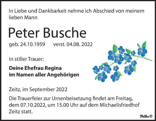 Traueranzeige von Peter Busche von Mitteldeutsche Zeitung Zeitz