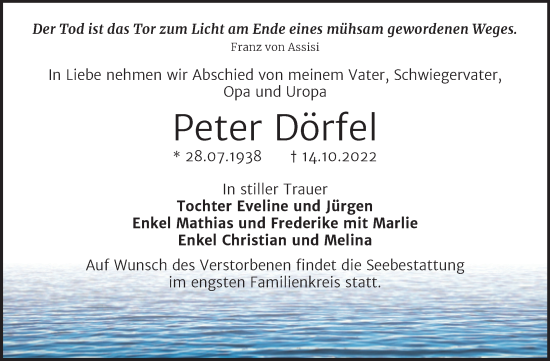 Traueranzeige von Peter Dörfel von Trauerkombi Bernburg