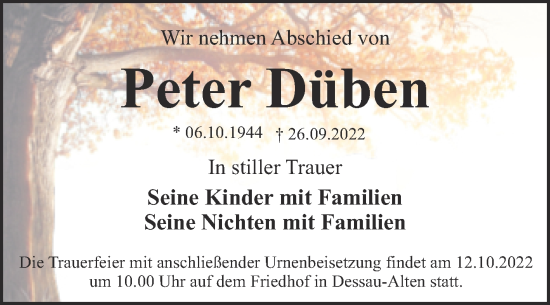 Traueranzeige von Peter Düben von Trauerkombi Dessau