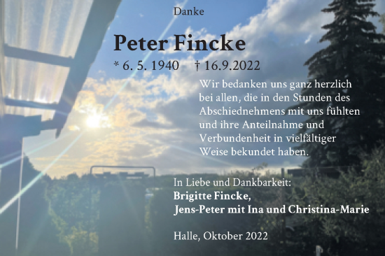 Traueranzeige von Peter Fincke von Mitteldeutsche Zeitung Halle/Saalkreis