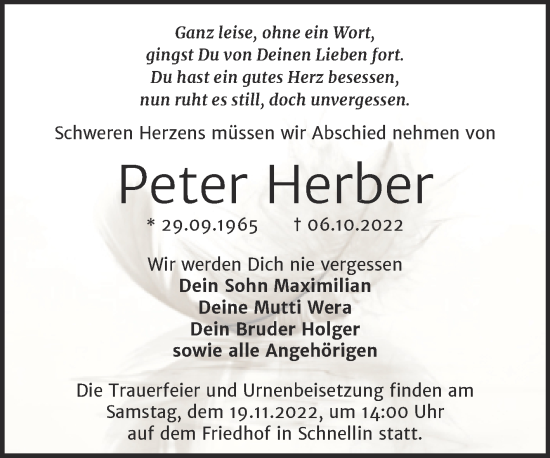 Traueranzeige von Peter Herber von Trauerkombi Wittenberg