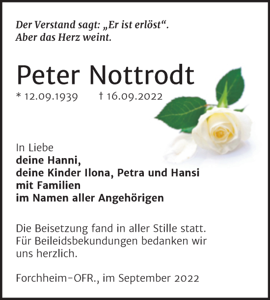 Traueranzeige von Peter Nottrodt von Trauerkombi Mansfelder Land