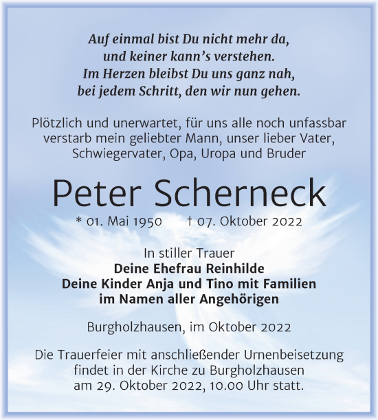 Traueranzeige von Peter Scherneck von Wochenspiegel Naumburg/Nebra