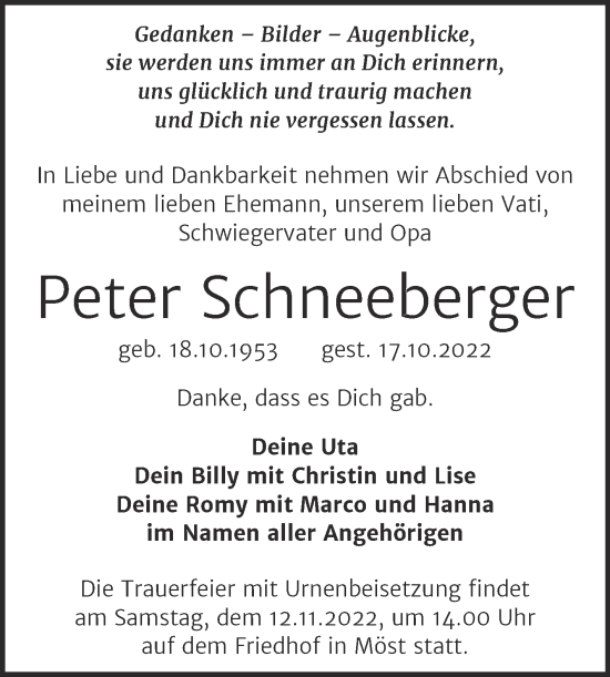 Traueranzeige von Peter Schneeberger von Trauerkombi Dessau
