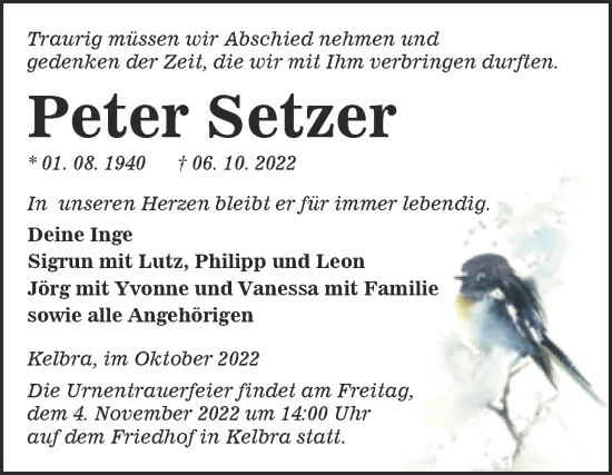 Traueranzeige von Peter Setzer von Trauerkombi Sangerhausen
