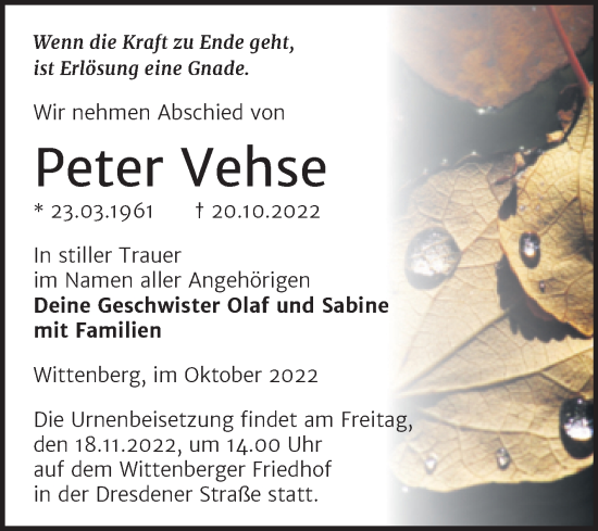 Traueranzeige von Peter Vehse von Trauerkombi Wittenberg