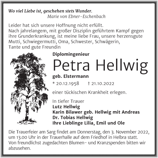 Traueranzeige von Petra Hellwig von Trauerkombi Mansfelder Land
