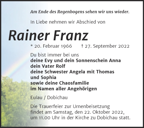 Traueranzeige von Rainer Franz von Wochenspiegel Naumburg/Nebra