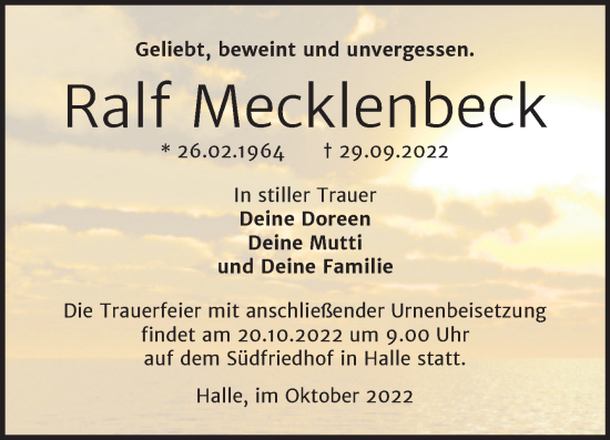 Traueranzeige von Ralf Mecklenbeck von Mitteldeutsche Zeitung Halle/Saalkreis