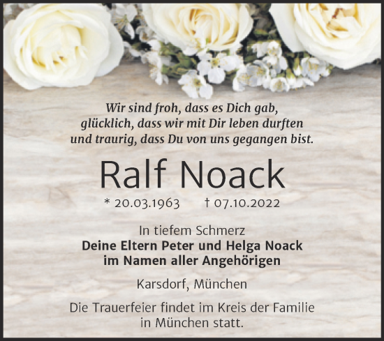 Traueranzeige von Ralf Noack von Wochenspiegel Naumburg/Nebra