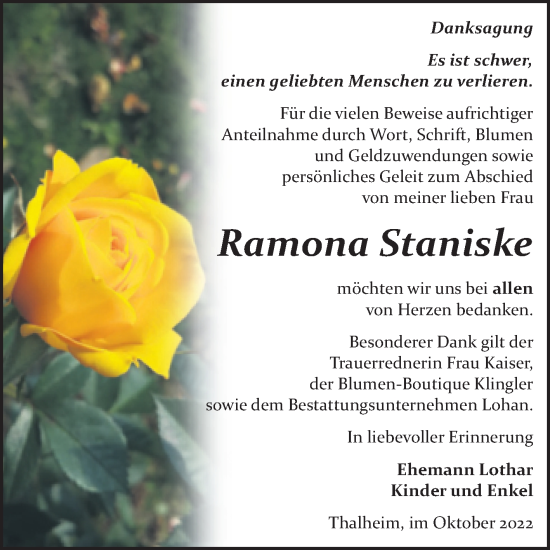 Traueranzeige von Ramona Staniske von Trauerkombi Bitterfeld