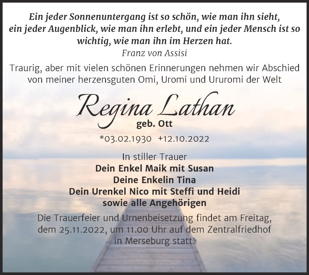  Traueranzeige für Regina Lathan vom 22.10.2022 aus Trauerkombi Merseburg