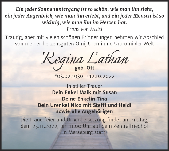 Traueranzeige von Regina Lathan von Trauerkombi Merseburg