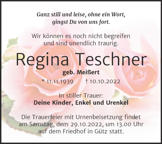 Traueranzeige von Regina Teschner von Mitteldeutsche Zeitung Halle/Saalkreis