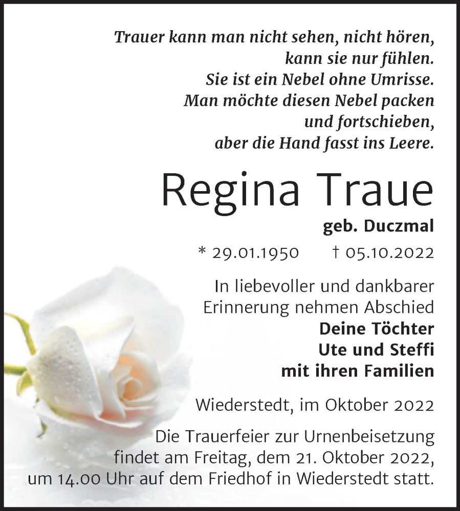 Traueranzeige für Regina Traue vom 14.10.2022 aus Trauerkombi Mansfelder Land