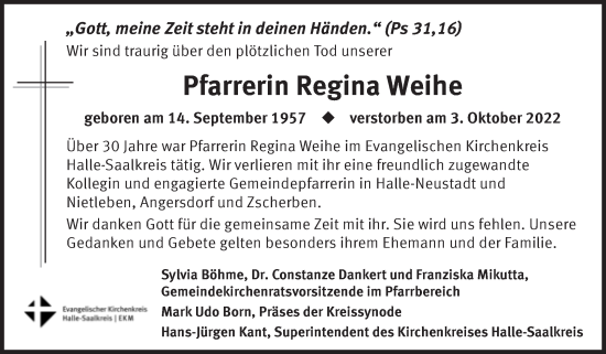 Traueranzeige von Regina Weihe von Mitteldeutsche Zeitung Halle/Saalkreis