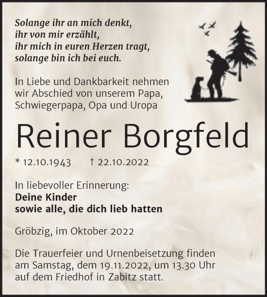 Traueranzeige von Reiner Borgfeld von Trauerkombi Köthen