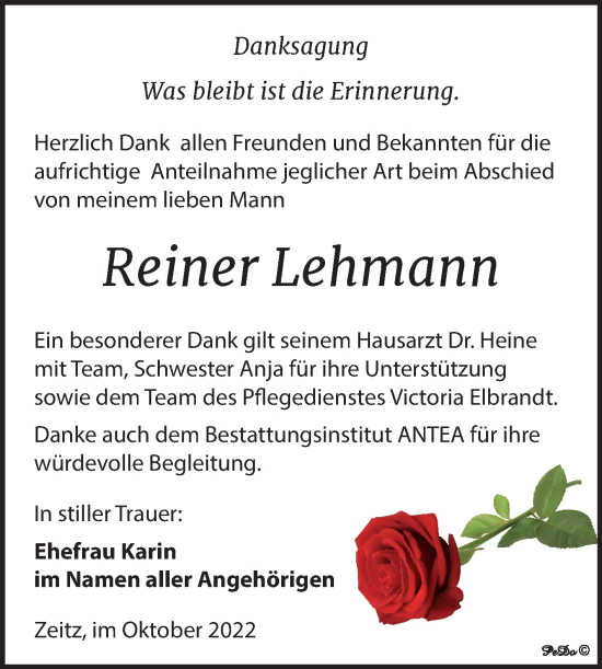 Traueranzeige von Reiner Lehmann von Trauerkombi Zeitz