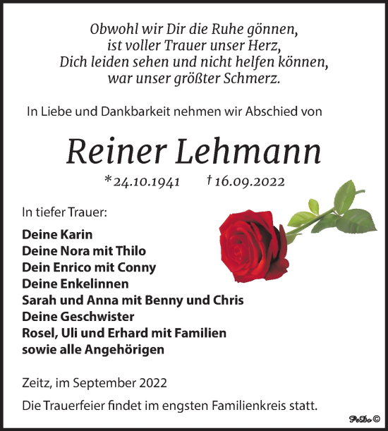 Traueranzeige von Reiner Lehmann von Trauerkombi Zeitz