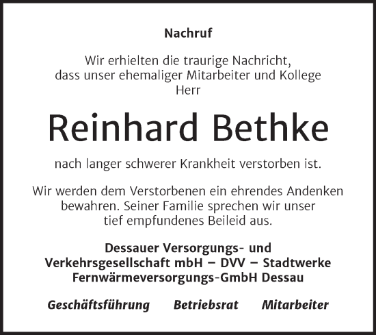 Traueranzeige von Reinhard Bethke von Mitteldeutsche Zeitung Dessau-Roßlau