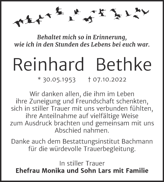 Traueranzeige von Reinhard Bethke von Trauerkombi Dessau