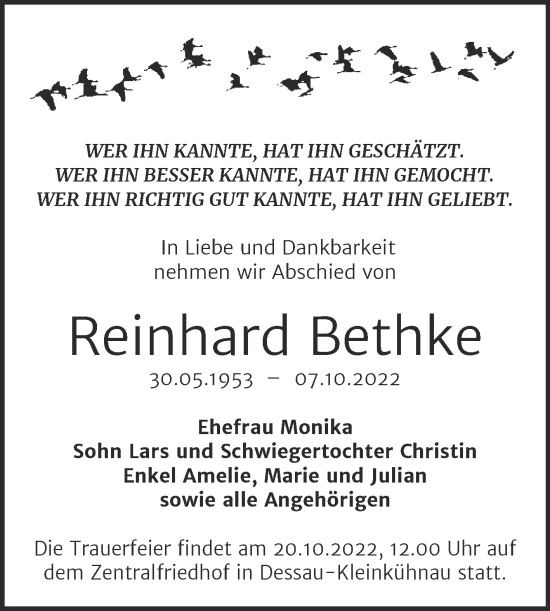 Traueranzeige von Reinhard Bethke von Trauerkombi Dessau