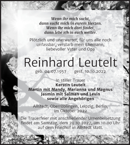 Traueranzeige von Reinhard Leutelt von Trauerkombi Sangerhausen