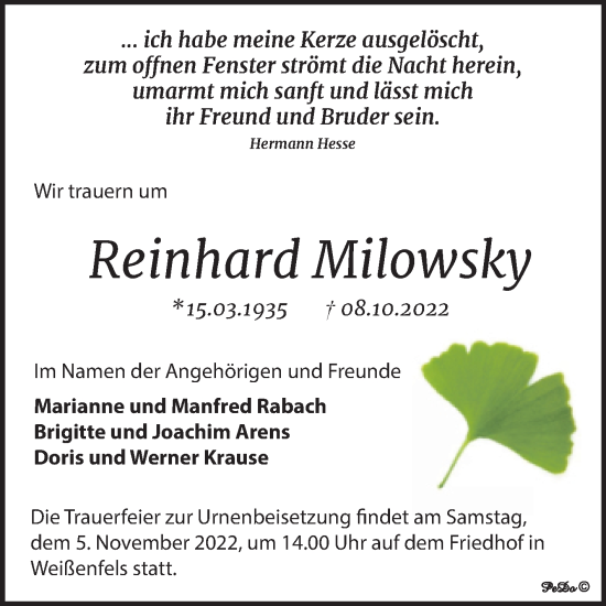 Traueranzeige von Reinhard Milowsky von Trauerkombi Weißenfels
