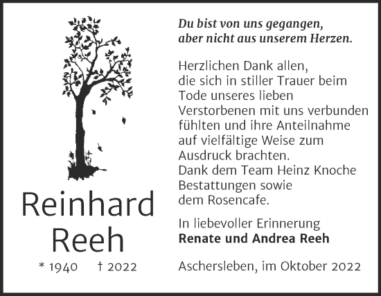 Traueranzeige von Reinhard Reeh von Trauerkombi Aschersleben