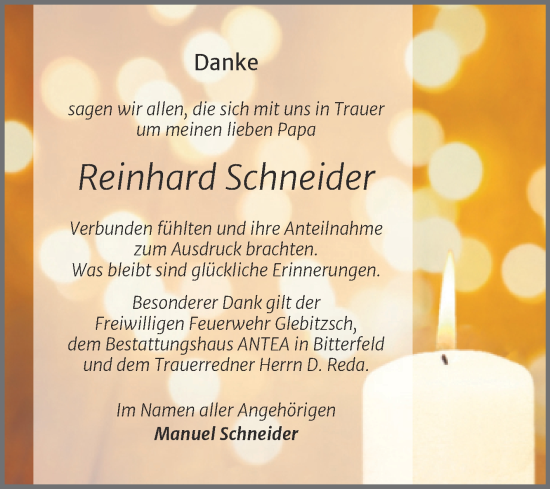 Traueranzeige von Reinhard Schneider von Trauerkombi Bitterfeld